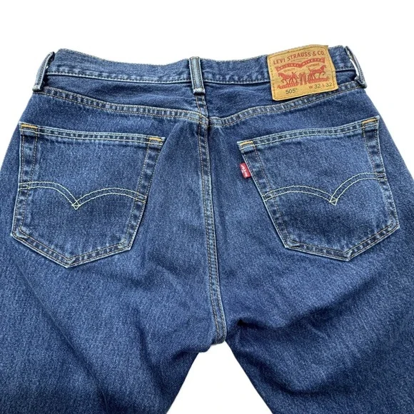 Levis 505 Regular Fit Straight Leg Jeans Mens 32x32 Dark Wash Blue Denim Grunge - Picture 4 of 12